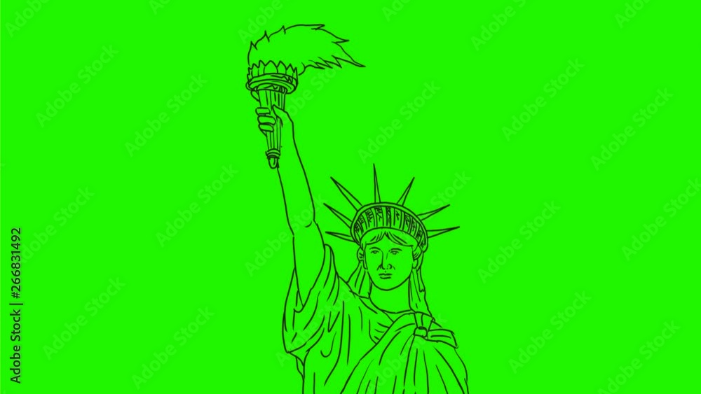 Poster 2d animation motion graphics drawing of statue of liberty carrying a flaming torch on white and gree