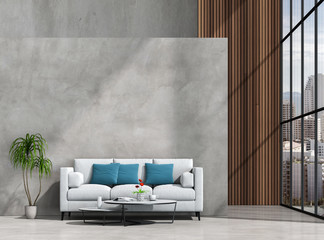 interior living room wall concrete with sofa, plant decoration, 3D render