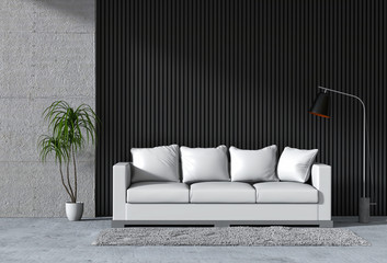 interior living room wall concrete with sofa, plant, lamp 3D render