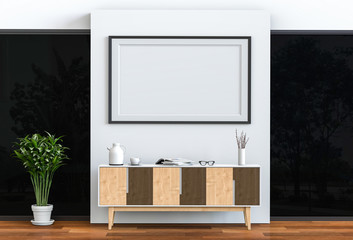 Interior living Room with sideboard and mockup blank poster. 3d render