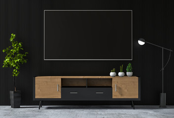 3D render of black interior living room with Smart TV, cabinet, lamp and plant.