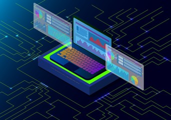 isometric laptop of data science and programming