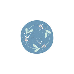 Cute simplistic leaves and berries illustration inside a blue circle
