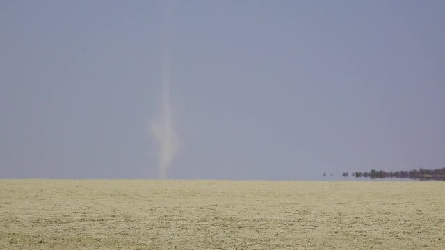 A dust devil blows across the dry and desolate Etosha Pan in Namibia.