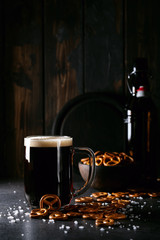 Light and dark craft beer in glass mugs