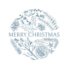 Vector hand drawn round illustration with Christmas natural herbal elements. Mistletoe, citrus and fir-tree branches. Merry Christmas logo.