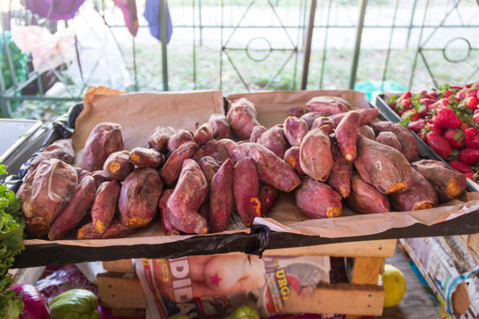 Purple sweet potato for sale in a street market of Mexico