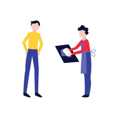 Fototapeta premium Standing man watching how cook male is kneading dough flat cartoon style