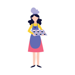 Woman in apron and chef hat standing with cupcakes on tray flat cartoon style