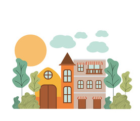 neighborhood houses in landscape isolated icon