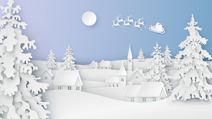 Landscape of snowy countryside and Santa Claus flying on the sky in winter. Merry Christmas and Happy New Year. paper art design. vector, illustration.