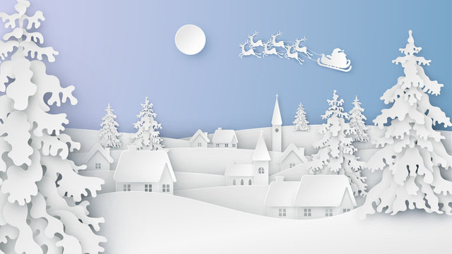 Landscape of snowy countryside and Santa Claus flying on the sky in winter. Merry Christmas and Happy New Year. paper art design. vector, illustration.