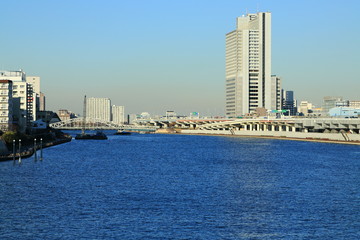 Fototapeta na wymiar 隅田川と堤通を走る高速道路