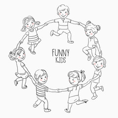 Happy kids holding hands and dancing in a circle. Cute boys and girls having fun. Cartoon outline style 