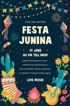 Festa Junina Poster Brazil June Festival. Folklore Holiday. Guitar Accordion Cactus Summer Sunflower Campfire - Ready to Print - Vector Illustration