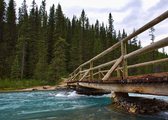 Fototapeta na wymiar Wooden bridge built by hand leading to an unknown path. Rocky mountain ( Canadian Rockies ). Near Calgary. Portrait, fine art. Jasper and Banff National Park, Alberta, Canada: August 4, 2018