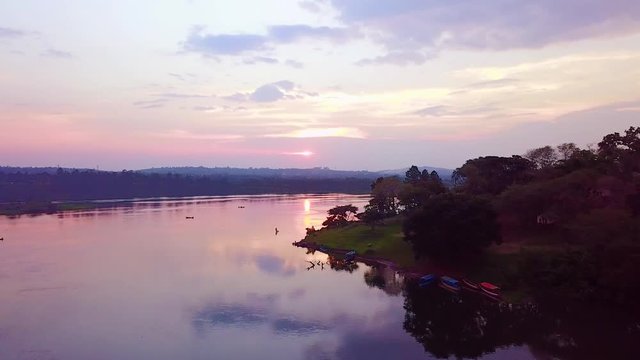 Beautiful aerial view at sunset along the Nile River in Uganda, Africa.