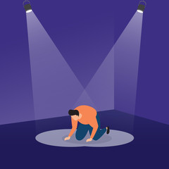 A Loser Slumped Frustrated on Podium with Spotlight Business Concept Illustration