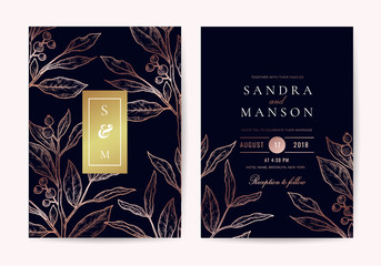 Luxury Natural Wedding invite Card for summer and spring seasons. Design With gold leaves minimal style decoration. Vector