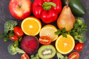 Fresh fruits and vegetables, nutritious dessert as source healthy minerals and vitamins