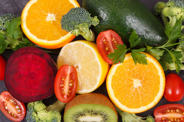 Natural fruits and vegetables containing minerals and vitamins, healthy lifestyles concept