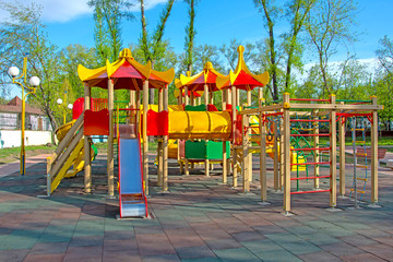 Children's playground in the public park. Russia. Spring