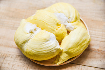 Durian riped - Fresh durian peel tropical fruit summer on wooden tray background