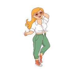 Cheerful curvy plus size girl in jeans posing with gesture sketch style