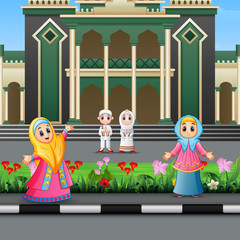 Happy Muslim people cartoon in front of a mosque