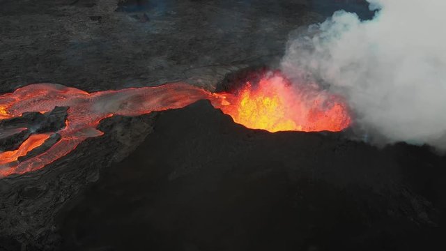 fissure 8 exploding from the air into the air!!  birds eye view capturing epic aerial visuals of molten lava!!! lava river flow away from cone!!