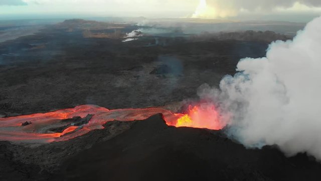fissure 8 exploding from the air into the air!!  birds eye view capturing epic aerial visuals of molten lava!!! lava river flow away from cone!!