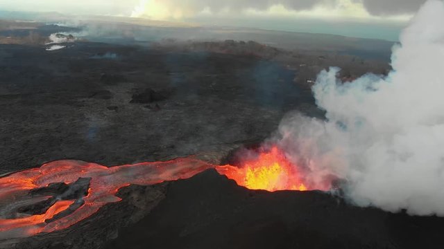 fissure 8 exploding from the air into the air!!  birds eye view capturing epic aerial visuals of molten lava!!! lava river flow away from cone!!