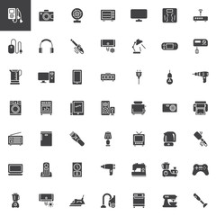 Home appliances vector icons set, modern solid symbol collection filled style pictogram pack. Signs, logo illustration. Set includes icons as Microwave oven, Air Conditioning, Electric kettle, Freezer