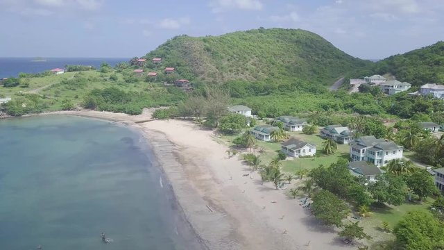 Aerial over the shores and beaches of Nevis, an island in the Caribbean.