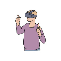 Vector flat young man in virtual reality headset