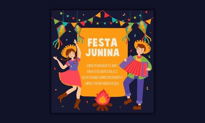 Hand drawn Festa Junina Brazil June Festival. Village festival in Latin America. Girl Boy Guitar Accordion Cactus Summer Sunflower Campfire. Background - Vector Illustration