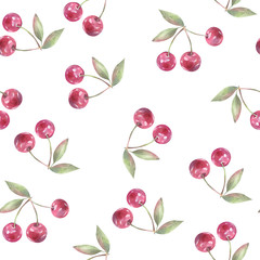 Hand painted watercolor illustration. Seamless botanical pattern with cherry elements. 