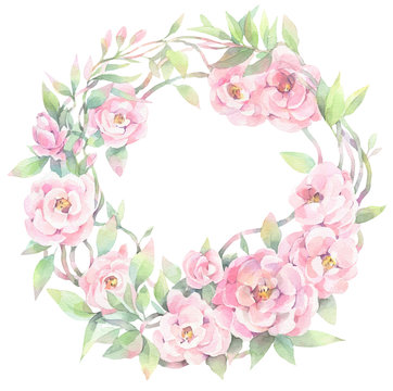 Hand painted watercolor illustration. Tender wreath with wild rose pink flowers.