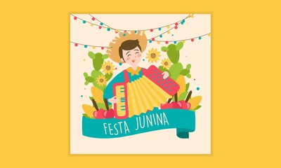 Hand drawn Festa Junina Brazil June Festival. Folklore Holiday. Guitar, Accordion, Cactus, Summer, Sunflower, Campfire, Flag, - Ready to Print - Background - Vector Illustration - Vector - Vector