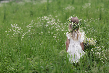 Girl on a walk on a bright summer day. Portrait of a little girl with a wreath of chamomiles on her...