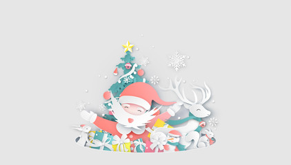 Merry Christmas. Santa Claus and friends prepare for Christmas. Happy Christmas day Celebrating together with friends. paper cut and craft design. vector, illustration.