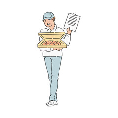 Pizza delivery man or courier in uniform with clipboard and pizza cardboard box.