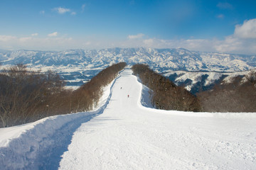 Landscape and Mountain view of Nozawa Onsen in winter , Nagano, Japan.