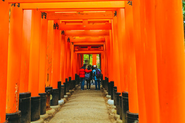 KYOTO, JAPAN - November 20, 2018: Red torii gates in Fushimi Inari shrine, one of the most popular...