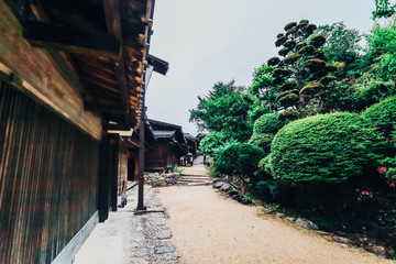 Kiso valley is the old  town or Japanese traditional wooden houses for the travelers walking at historic old street  in Narai-juku , Nagano Prefecture, JAPAN.