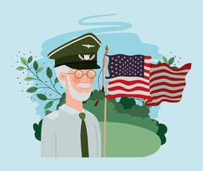 veteran military man with usa flag in the field