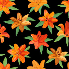 seamless pattern of bright orange and yellow lilies with green leaves on black background