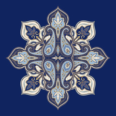 Indian paisley pattern vector. Gold and blue mandala floral medallion print. Damask motif design. Moroccan ornament.
