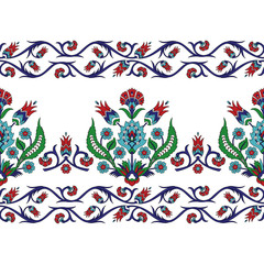 Turkish arabic pattern vector seamless border. Ottoman iznik tile design with tulip flowers. Antique damask floral texture for textile, decoration or wallpaper. - 266846432