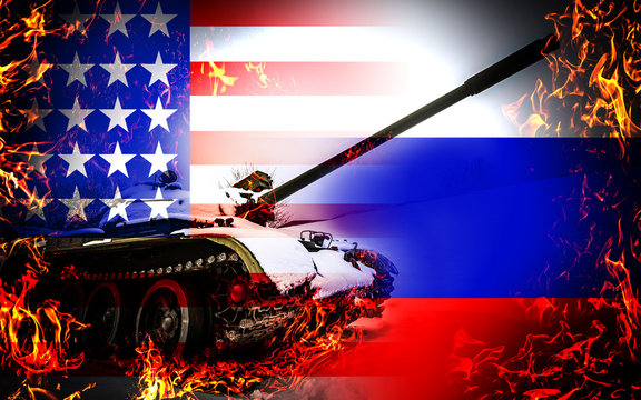 Conflict between USA and russia, conceptuall image witth a sea thunderstorm and the flag of russia and usa, ongoing conflict between the two country